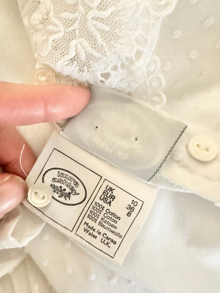Vintage Laura Ashley Victorian Blouse | White Swiss Dot Cotton Lace Colla