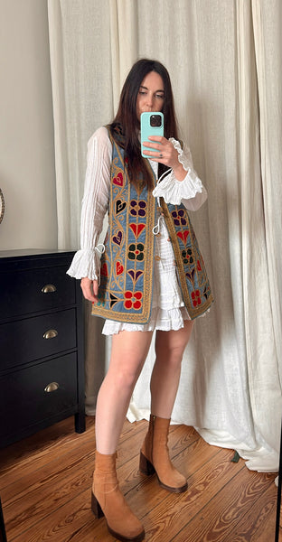 Rare 1960s Blue Velvet Embroidered Waistcoat – Folklore Floral & Heart Design, Bohemian Vintage Vest