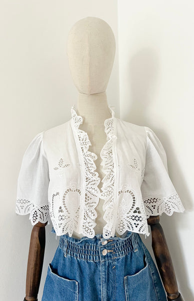 Traditional 1970's Cotton Anglaise Puffy Sleeve Frill Blouse