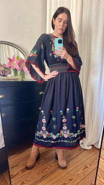 Vintage Hungarian Embroidered Cotton Dress - Black Cape Sleeve Bohemian
