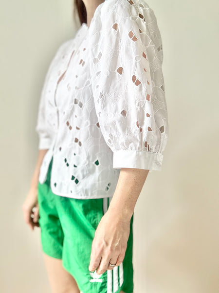 Vintage White Cotton Blouse, Cutwork Puff Sleeve Victorian Top