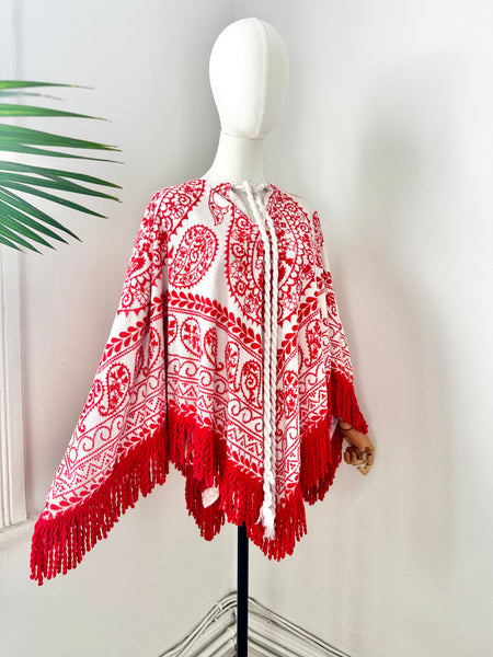 Vintage 1970s Towelling Kaftan Poncho Top, Red Paisley Bohemian Cotton