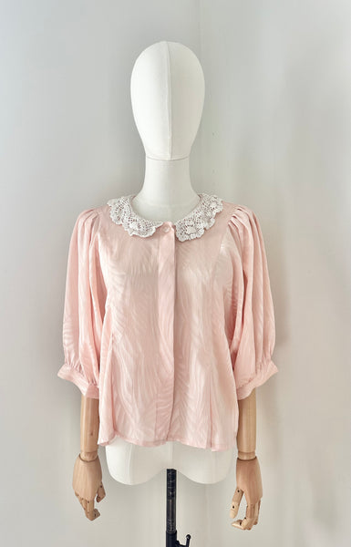 Vintage 1980s Pastel Pink Jacquard Blouse | Batwing Sleeve Cropped Top