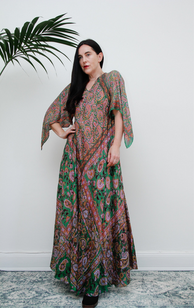 1970's Indian Silk Handkerchief Gauze Kaftan Maxi Dress