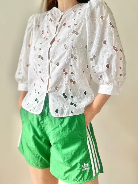 Vintage White Cotton Blouse, Cutwork Puff Sleeve Victorian Top