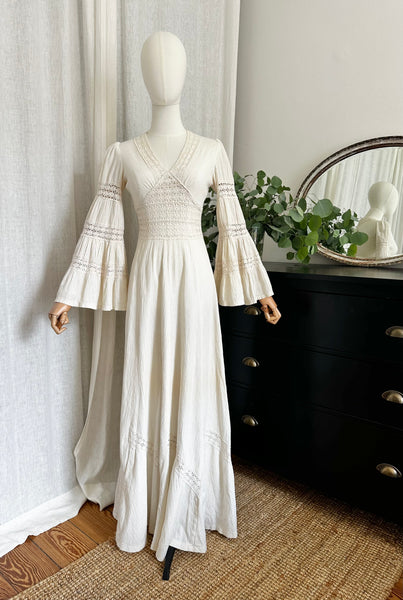 Vintage 1970s Cream Cotton Bohemian Maxi Dress with Flute Sleeves