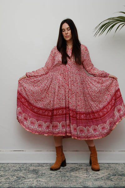 Vintage Indian Cotton Gauze Dress - Pink Floral Peacock Bohemian