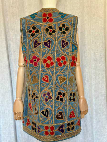 Rare 1960s Blue Velvet Embroidered Waistcoat – Folklore Floral & Heart Design, Bohemian Vintage Vest