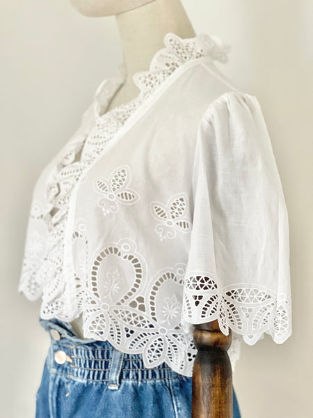 Traditional 1970's Cotton Anglaise Puffy Sleeve Frill Blouse