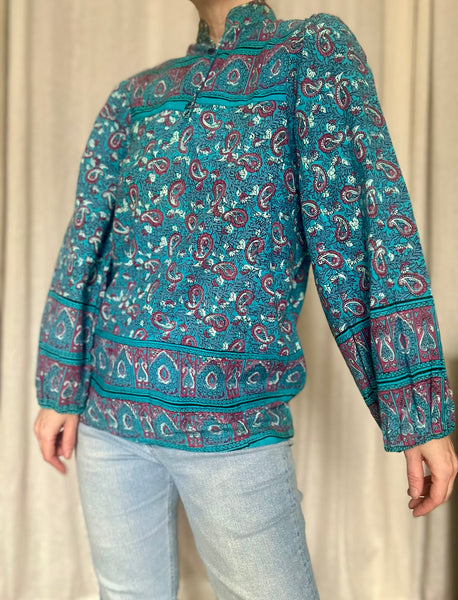 Rare 1970s Indian Block Print Cotton Blouse - Smock Tunic