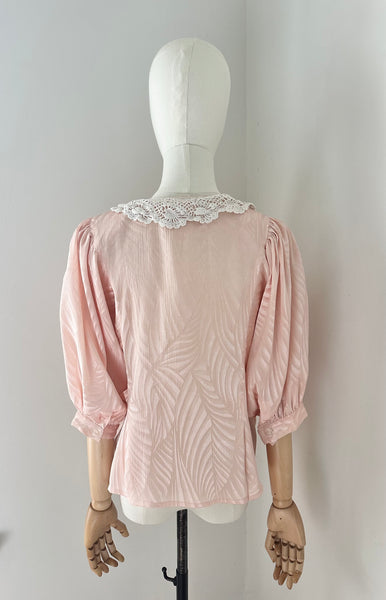 Vintage 1980s Pastel Pink Jacquard Blouse | Batwing Sleeve Cropped Top