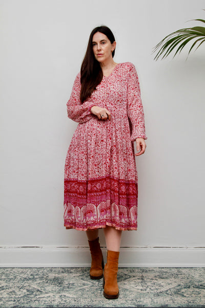 Vintage Indian Cotton Gauze Dress - Pink Floral Peacock Bohemian