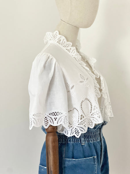 Traditional 1970's Cotton Anglaise Puffy Sleeve Frill Blouse