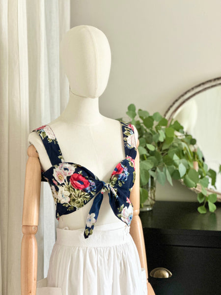 Vintage 1980s Floral Tie Front Bralette Crop Top