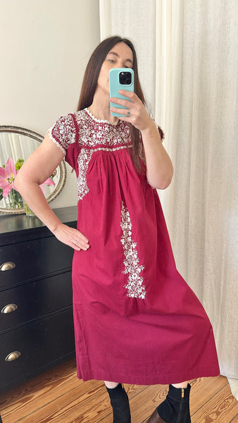 Vintage 1970s Oaxacan Mexican Embroidered Dress,  Folk Art Cotton Maxi