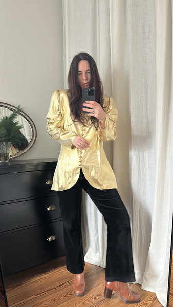 Insane 1980s Gold Lamé Ruched-Bow Statement Blazer