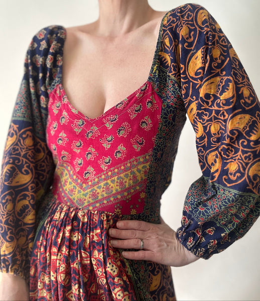 Rare Vintage Indian Block Print Cotton Dress - Navy Bohemian Floral Maxi