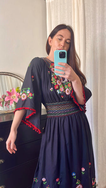 Vintage Hungarian Embroidered Cotton Dress - Black Cape Sleeve Bohemian