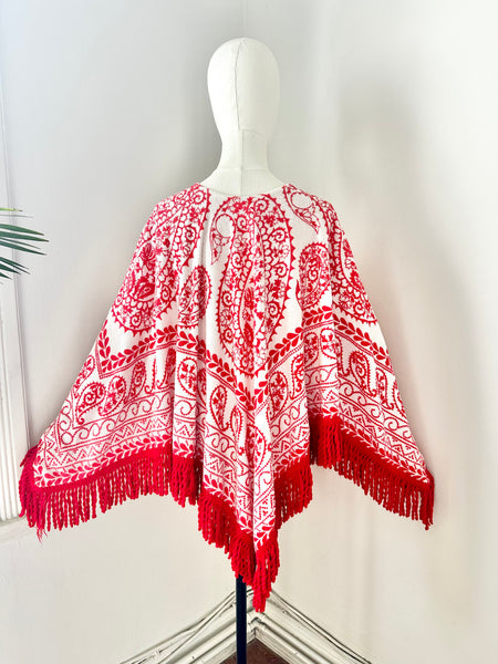 Vintage 1970s Towelling Kaftan Poncho Top, Red Paisley Bohemian Cotton