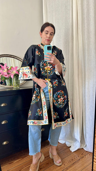 Antique Oriental Silk Robe - Black Embroidered Kimono Cheongsam Jacket