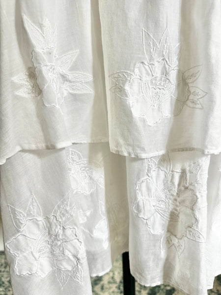 Vintage White Embroidered Cotton  Dress with Button Back Bows