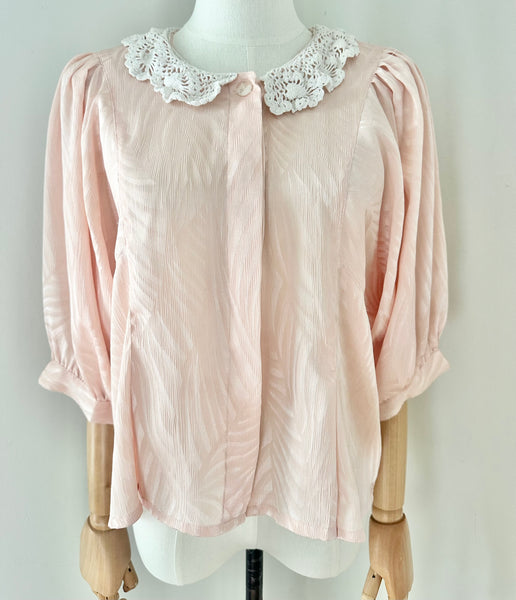 Vintage 1980s Pastel Pink Jacquard Blouse | Batwing Sleeve Cropped Top