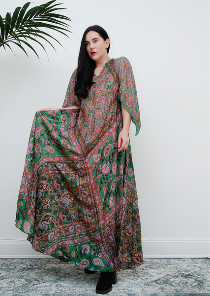 1970's Indian Silk Handkerchief Gauze Kaftan Maxi Dress