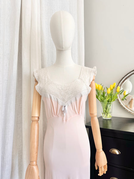 Rare 1930s Bias Cut Silk Nightgown | Pink Lace Embroidered Antique