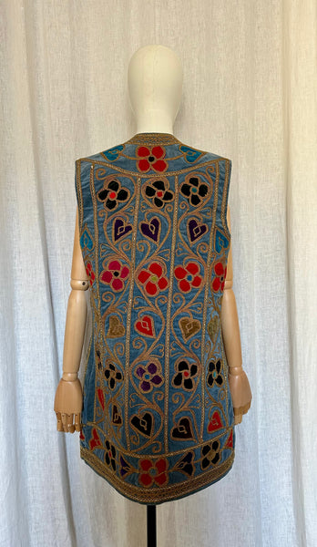 Rare 1960s Blue Velvet Embroidered Waistcoat – Folklore Floral & Heart Design, Bohemian Vintage Vest