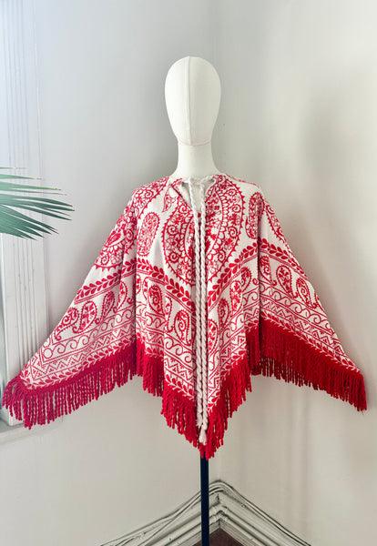 Vintage 1970s Towelling Kaftan Poncho Top, Red Paisley Bohemian Cotton