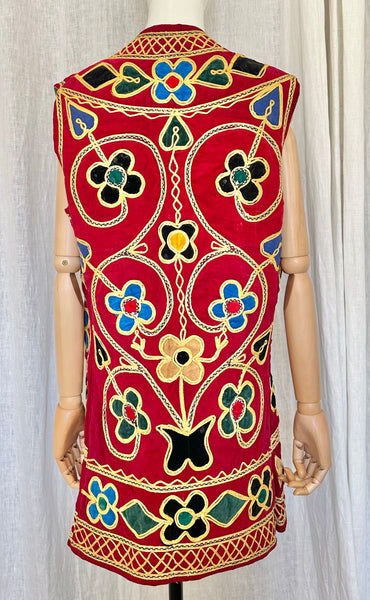 Rare 1960s Burgundy Velvet Waistcoat - Embroidered Floral Bohemian Vest