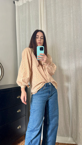 Rare Vintage Indian Cotton Tunic Blouse - Peach Flora Smock