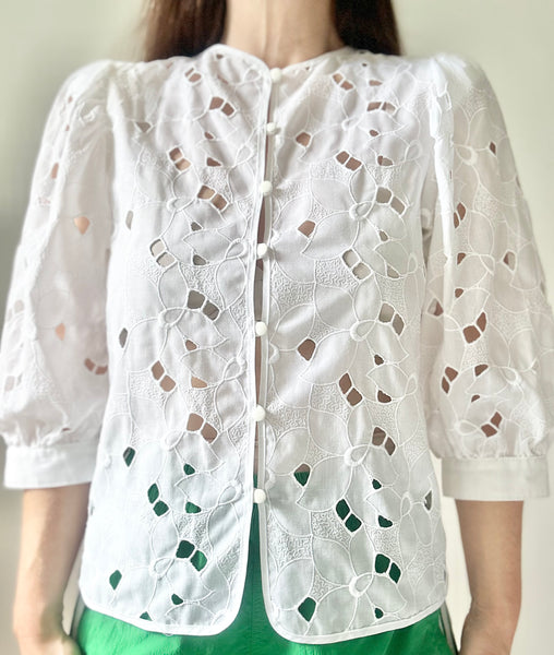 Vintage White Cotton Blouse, Cutwork Puff Sleeve Victorian Top