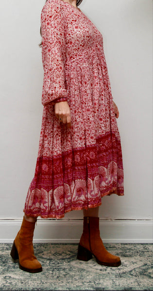 Vintage Indian Cotton Gauze Dress - Pink Floral Peacock Bohemian