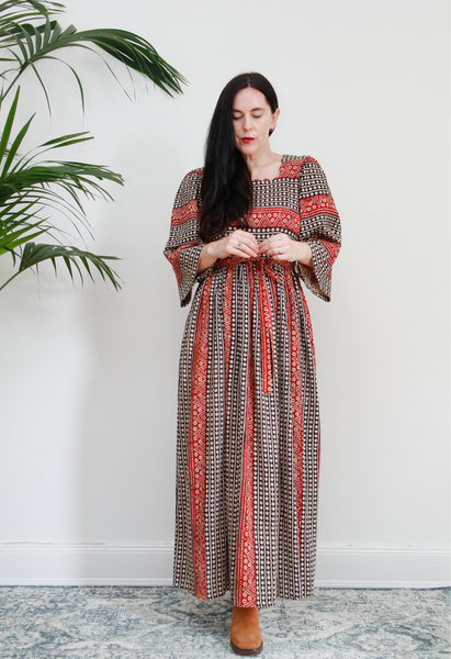 1970's Indian Cotton Block Folklore Maxi Dress Rare