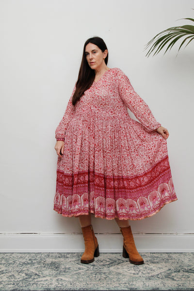 Vintage Indian Cotton Gauze Dress - Pink Floral Peacock Bohemian