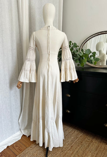 Vintage 1970s Cream Cotton Bohemian Maxi Dress with Flute Sleeves