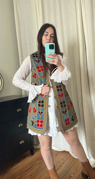 Rare 1960s Blue Velvet Embroidered Waistcoat – Folklore Floral & Heart Design, Bohemian Vintage Vest