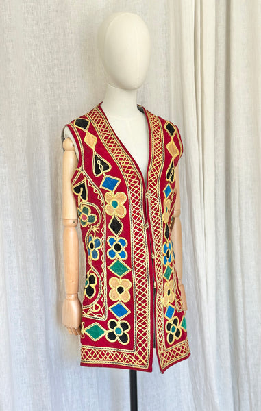 Rare 1960s Burgundy Velvet Waistcoat - Embroidered Floral Bohemian Vest
