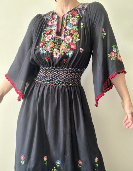 Vintage Hungarian Embroidered Cotton Dress - Black Cape Sleeve Bohemian