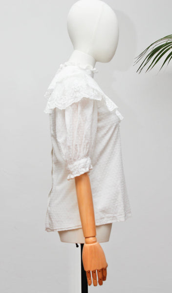 Vintage Laura Ashley Victorian Blouse | White Swiss Dot Cotton Lace Colla