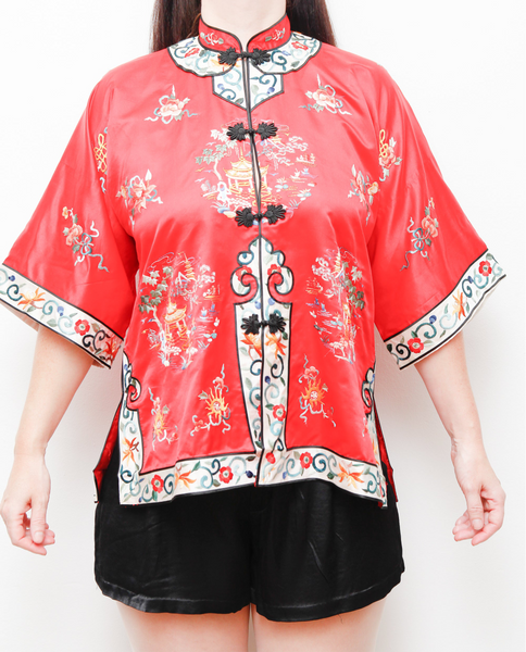 1930's Rare Antique Oriental Silk Kimono Robe Jacket | Hand-Embroidered Red Silk with Floral Scenic Design – Boho Kaftan Sleeves