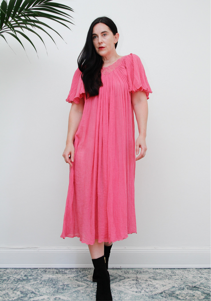 1970's Pink Lace Grecian Cotton Smock Dress