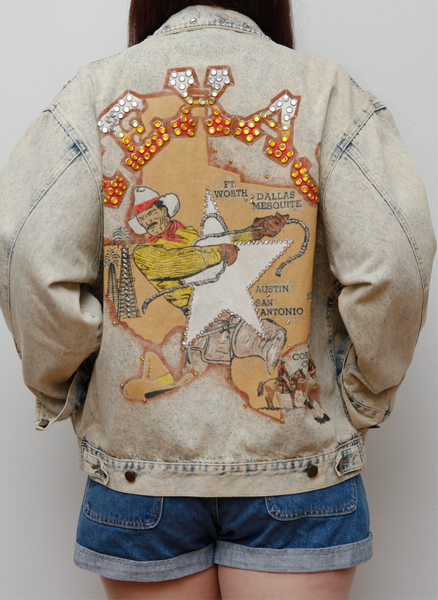 Rare Vintage Western Denim Jacket | Texas Map Rhinestone Cowboy Scene – Country Glam Beyoncé Style