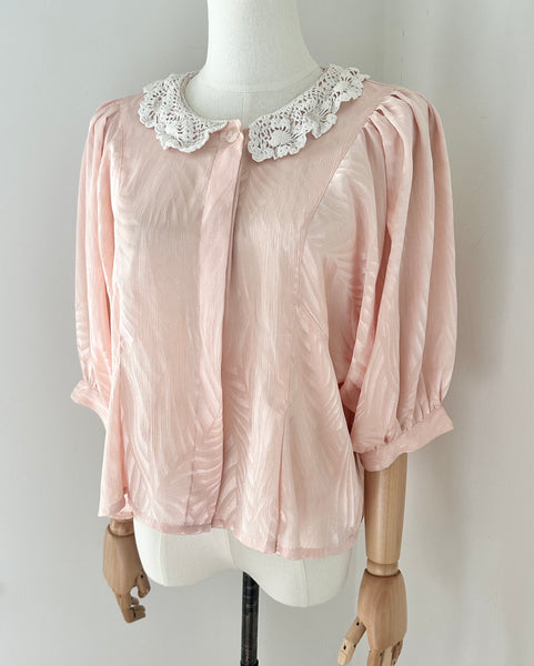 Vintage 1980s Pastel Pink Jacquard Blouse | Batwing Sleeve Cropped Top