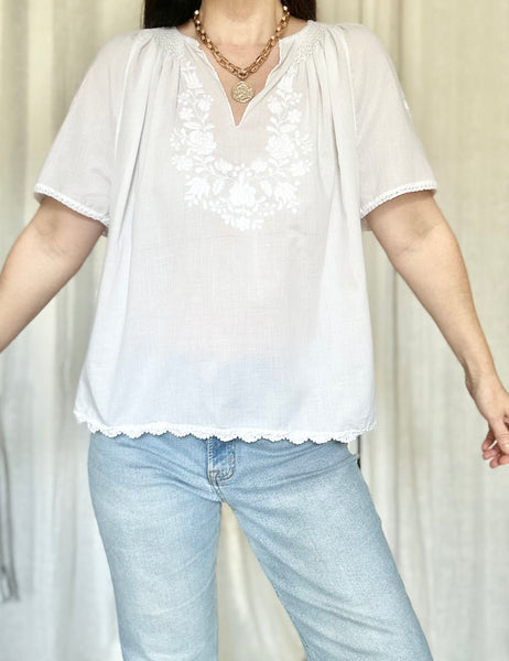 Vintage 1970s Hungarian Cotton Blouse - White Floral Hand Embroidered