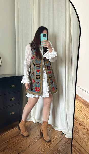 Rare 1960s Blue Velvet Embroidered Waistcoat – Folklore Floral & Heart Design, Bohemian Vintage Vest