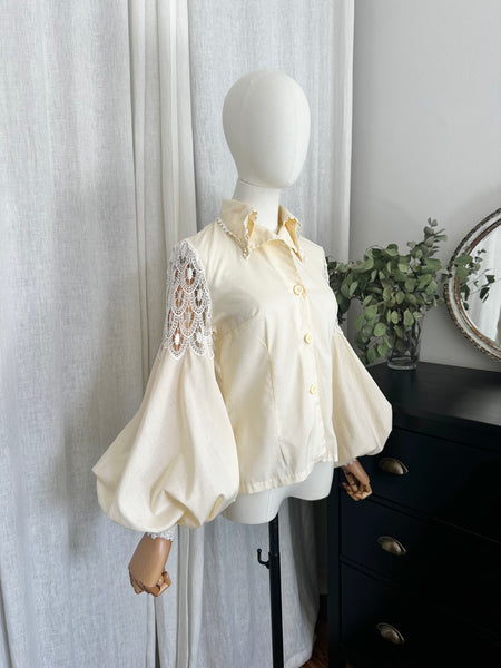 Vintage 1970s Boho Gothic Blouse, Cream Cotton with Bishop Sleeves