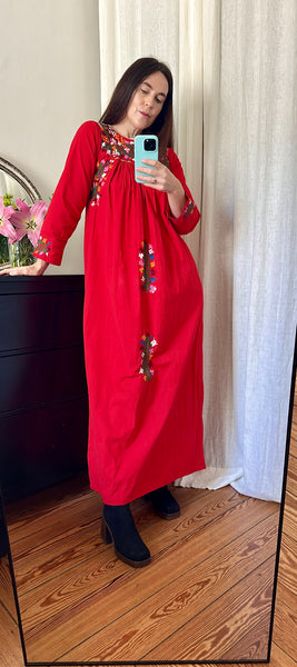 1970's Traditional Cotton Floral Embroidered Oaxacan Mexican Dress