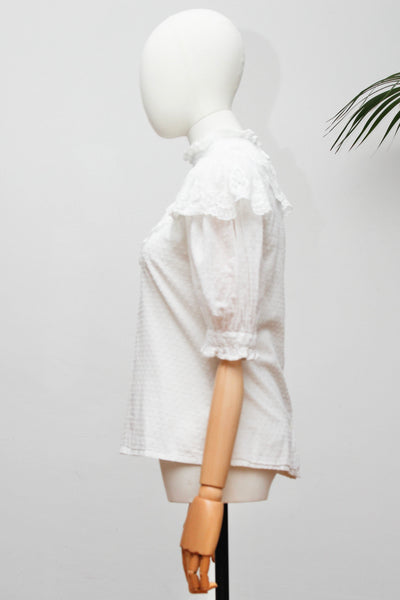 Vintage Laura Ashley Victorian Blouse | White Swiss Dot Cotton Lace Colla